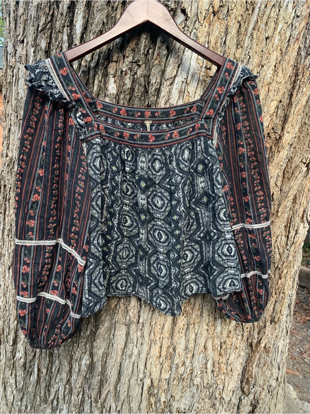 Free People Black Peasant Blouse with Red Floral Accent